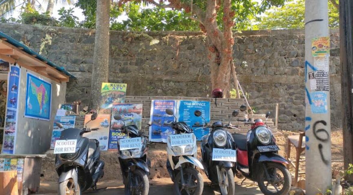 Scooters lined up for rent at the Wira Kusuma stand in Ubud